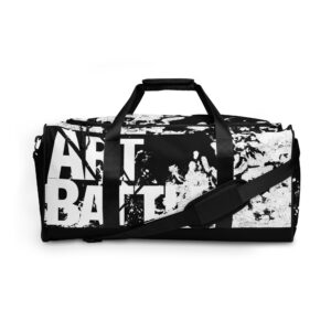 black and white duffel bag with white paint splatter and art battle in white text