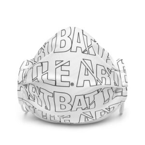 White face protection mask with art battle logo outlined in black repeat print