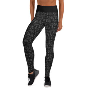black leggings with art battle logo outline print front view shown on woman