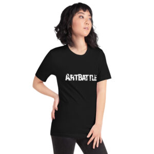 white art battle logo on black t-shirt shown on woman